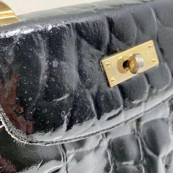 Meyers Black Patent Leather Purse Moc Croc Made ITALY Shoulder Handbag VTG - Picture 2 of 13